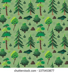 Seamless botanical pattern with different forest trees and plants. Vector illustration of a summer or spring forest that can be used for wrapping, textile, fabric and other decorations.