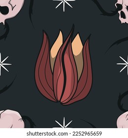 Seamless botanical pattern. Different herbs and flowers, hand-drawn. Vintage vector illustration of flowers. Colorful banner. An idea for wallpaper and textiles. Linear drawing. Rustic style.