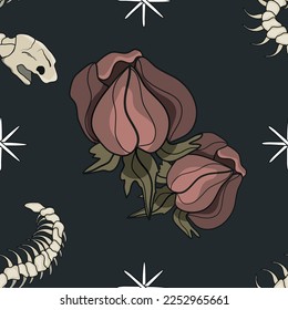 Seamless botanical pattern. Different herbs and flowers, hand-drawn. Vintage vector illustration of flowers. Colorful banner. An idea for wallpaper and textiles. Linear drawing. Rustic style.