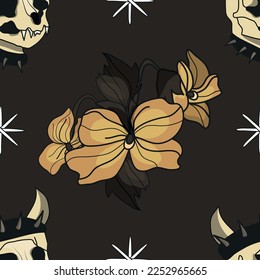 Seamless botanical pattern. Different herbs and flowers, hand-drawn. Vintage vector illustration of flowers. Colorful banner. An idea for wallpaper and textiles. Linear drawing. Rustic style.