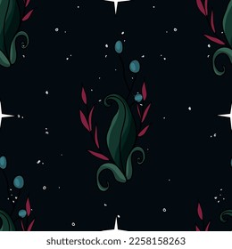 Seamless botanical pattern. Different herbs and flowers, hand-drawn. Vintage vector illustration of flowers. Colorful banner. An idea for wallpaper and textiles. Linear drawing. Rustic style.