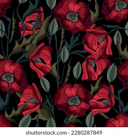 Seamless botanical pattern. Different herbs and flowers, hand-drawn. Vintage vector illustration of flowers. Colorful banner. An idea for wallpaper and textiles. Linear drawing. Rustic style.