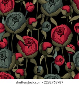 Seamless botanical pattern. Different herbs and flowers, hand-drawn. Vintage vector illustration of flowers. Colorful banner. An idea for wallpaper and textiles. Linear drawing. Rustic style.