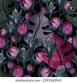 Seamless botanical pattern. Different herbs and flowers, hand-drawn. Vintage vector illustration of flowers. Colorful banner. An idea for wallpaper and textiles. Linear drawing. Rustic style.
