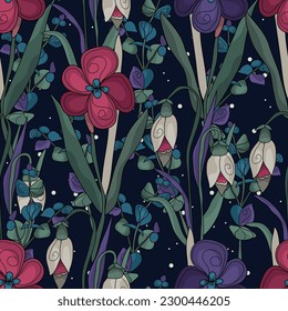 Seamless botanical pattern. Different herbs and flowers, hand-drawn. Vintage vector illustration of flowers. Colorful banner. An idea for wallpaper and textiles. Linear drawing. Rustic style.