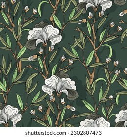 Seamless botanical pattern. Different herbs and flowers, hand-drawn. Vintage vector illustration of flowers. Colorful banner. An idea for wallpaper and textiles. Linear drawing. Rustic style.