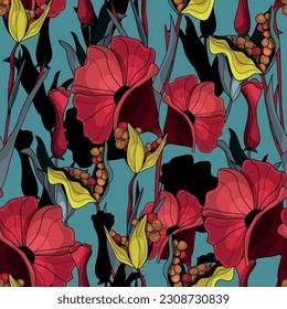 Seamless botanical pattern. Different herbs and flowers, hand-drawn. Vintage vector illustration of flowers. Colorful banner. An idea for wallpaper and textiles. Linear drawing. Rustic style.