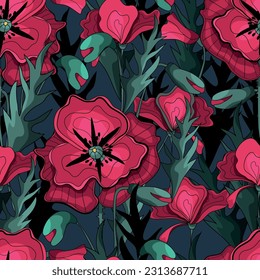 Patrón botánico sin foco. Diferentes hierbas y flores, dibujadas a mano. Ilustración vectorial vintage de flores. Cartel colorido. Una idea para el papel pintado y los textiles. Dibujo lineal. Estilo rústico.