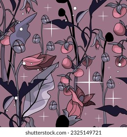 Seamless botanical pattern. Different herbs and flowers, hand-drawn. Vintage vector illustration of flowers. Colorful banner. An idea for wallpaper and textiles. Linear drawing. Rustic style.
