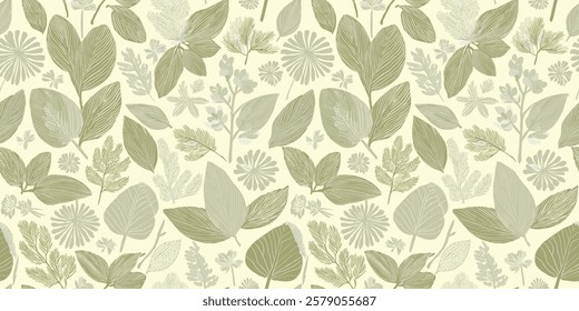 Seamless Botanical Pattern with Diverse Leaves and Floral Motifs in Earthy Tones, Ideal for Nature-Themed Decor and Design Projects