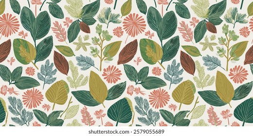 Seamless Botanical Pattern with Diverse Leaves and Floral Motifs in Earthy Tones, Ideal for Nature-Themed Decor and Design Projects