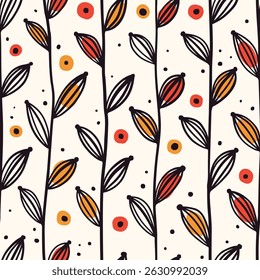 Seamless botanical pattern in doodle style. Hand drawn floral ornament tile with thin branches, decorative line art leaves, dots. Retro sketch motif wallpaper, textile print. Vector illustration.