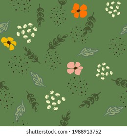 Seamless botanical pattern of doodles of plants and herbs - freehand drawing flowers, dots, twigs. Vector illustration. Prints on bed linen, baby clothes, fabric, paper.