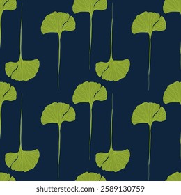 Seamless botanical pattern. Elegant ginkgo leaves outlined in gold on a blue background. Line art organic. For wallpaper, fabric prints, stationery, and luxury decor.