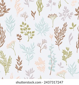 Seamless botanical pattern with elegant leaves in pastel colors