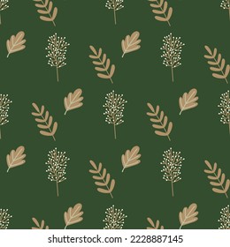 Seamless botanical pattern eucalyptus and branches with berries on a green background. The concept of printing on fabric and paper.