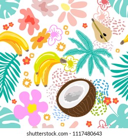 Seamless botanical pattern with exotic flowers, coconuts and bananas inspired by 1950s-1960s design. Retro textile collection. On white background.