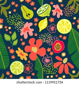 Seamless botanical pattern with exotic flowers, lemons and tropical leaves inspired by 1950s-1960s design. Retro textile collection. On dark blue background.