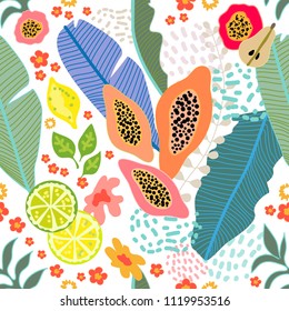 Seamless botanical pattern with exotic flowers, lemons and tropical leaves inspired by 1950s-1960s design. Retro textile collection. On white background.