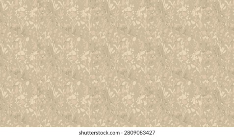 Seamless botanical pattern featuring abstract floral shapes, leaves, and branches in a muted beige and tan color palette for textile design, stationary, and wallpaper backgrounds.