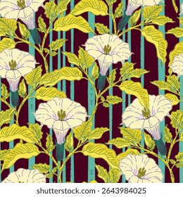 Seamless botanical pattern featuring blooming datura flowers and lush foliage in a hand-drawn, vintage style. Inspired by antique floral illustrations and Mediterranean nature. 
