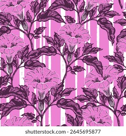 Padrão botânico sem costura com flores datura florescentes e folhagem exuberante em um estilo desenhado à mão, vintage. Inspirado por ilustrações florais antigas e natureza mediterrânea. 