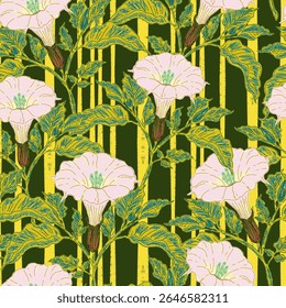 Seamless botanical pattern featuring blooming datura flowers and lush foliage in a hand-drawn, vintage style. Inspired by antique floral illustrations and Mediterranean nature. 