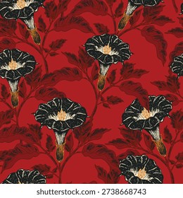 Seamless botanical pattern featuring blooming datura flowers and lush foliage in a hand-drawn, vintage style. Inspired by antique floral illustrations and Mediterranean nature. 