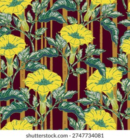 Seamless botanical pattern featuring blooming datura flowers and lush foliage in a hand-drawn, vintage style. Inspired by antique floral illustrations and Mediterranean nature. 