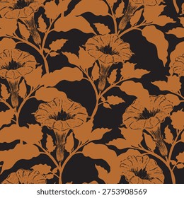 Seamless botanical pattern featuring blooming datura flowers and lush foliage in a hand-drawn, vintage style. Inspired by antique floral illustrations and Mediterranean nature. 