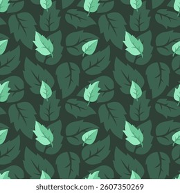 Seamless botanical pattern featuring dark and light green leaves on a dark background