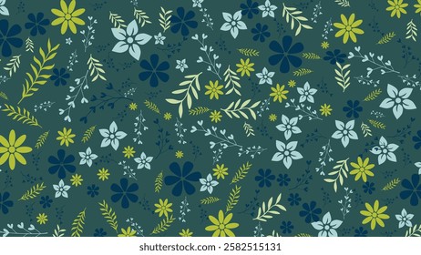 A seamless botanical pattern featuring delicate flowers, leaves, and foliage in soothing shades of blue, green, and yellow.