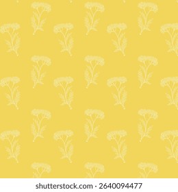 A seamless botanical pattern featuring delicate yarrow flowers drawn in white line art on a vibrant yellow background. Perfect for fabric, packaging, wallpaper, and spring or summer-themed