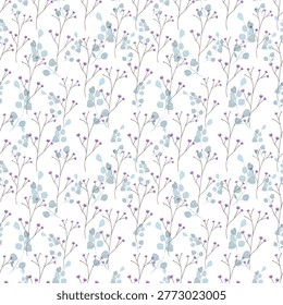 seamless botanical pattern featuring delicate eucalyptus leaves and tiny purple blossoms on a light background, creating a calm, airy, and minimalist feel.