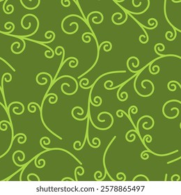 A seamless botanical pattern featuring elegant swirling vines on a deep green background. Perfect for wall coverings, textiles, and decorations.