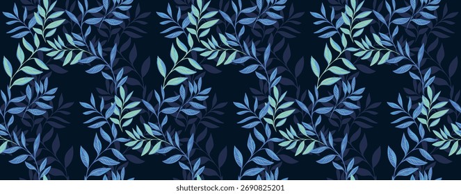 Padrão botânico sem emenda com folhas azuis e verdes elegantes em um fundo escuro. Delicado mão desenhado folhagem cria um elegante, moderno e sofisticado olhar para têxteis, papéis de parede