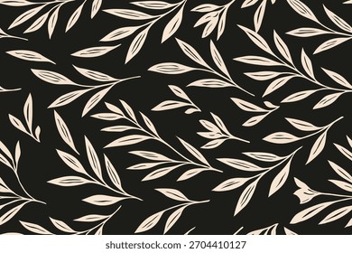 Um padrão botânico sem costura com folhas beges elegantes em um fundo preto profundo, criando um design moderno, mínimo e elegante perfeito para tecido e decoração.
