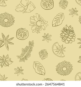 Seamless botanical pattern featuring hand-drawn line art illustrations of pinecones, citrus slices, star anise, flowers, and leaves on a soft beige background. Perfect for packaging, stationery, home