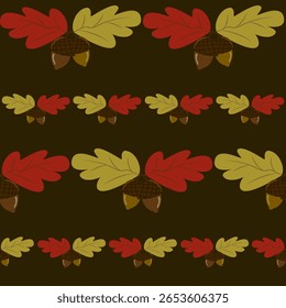 Seamless botanical pattern featuring horizontal rows of oak leaves and acorns in fall colors on a dark brown background. Ideal for rustic autumn textiles and seasonal decor.