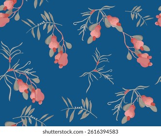 Seamless botanical pattern featuring kaju (cashew) fruits and foliage in soft pink and grey tones on a rich blue background