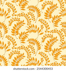 Seamless botanical pattern featuring orange leaves on a light background. Elegant foliage design in warm tones, ideal for textiles, packaging, home decor, and stationery projects