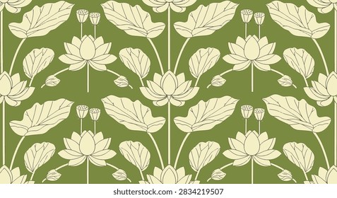 Seamless botanical pattern featuring simplified lotus flowers, large lily pads, and seed pods in cream line art on a moss green background. Symmetrical repeating floral pond plant wallpaper.