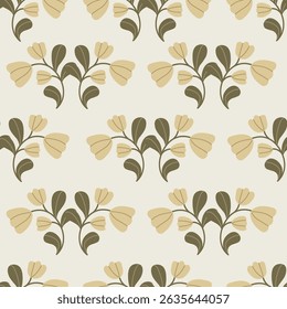 Seamless botanical pattern featuring stylized floral branches and leaves on a cream background. Elegant and minimal design a natural, vintage-inspired aesthetic. Subtle color palette and organic