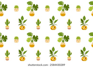 A seamless botanical pattern featuring various potted houseplants. Ideal for design projects and fabric prints