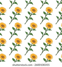 Seamless botanical pattern featuring vibrant yellow sunflowers with green leaves, arranged diagonally against a clean white backdrop
