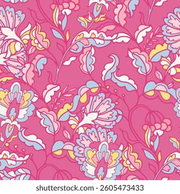 Seamless botanical pattern featuring vibrant flowers and foliage on a soft pink background. Suitable for wallpapers, textiles, and home decor. Vector illustration.