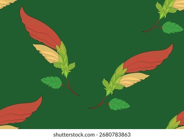 Seamless botanical pattern featuring vibrant green tropical leaves combined with red and yellow accent petals on a dark green background. Perfect for fabric, wallpaper, gift wrapping, and packaging de