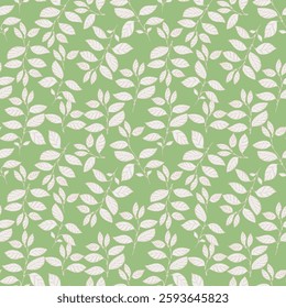 Seamless botanical pattern featuring white leaves on a bright green background. This cheerful and elegant design is ideal for textiles, gift wraps, wallpapers, and digital art projects.