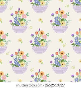 Padrão botânico sem emenda com flores silvestres dispostas em vasos de lavanda. Encantador para temas de primavera e projetos de embalagem.