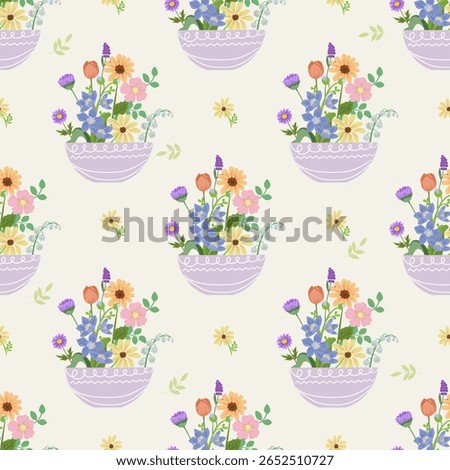 Seamless botanical pattern featuring wildflowers arranged in lavender pots. Charming for spring themes and packaging designs.